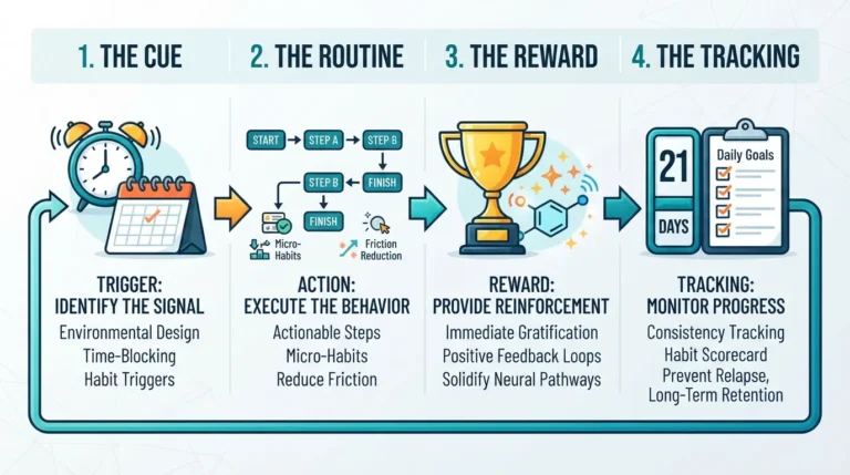 Step-by-step habit-building framework chart showing habit loops, cue, routine, and reward for long-term behavior change.