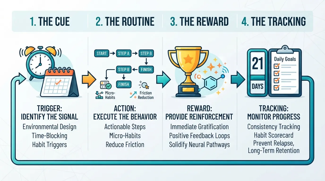 Step-by-step habit-building framework chart showing habit loops, cue, routine, and reward for long-term behavior change.