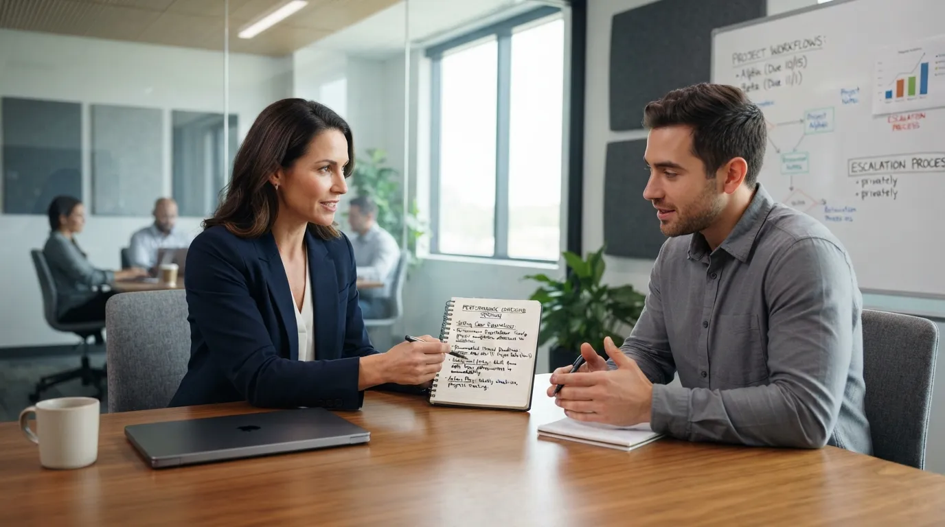A professional manager leading a one-on-one coaching conversation in a modern office to address an employee lacking accountability.
