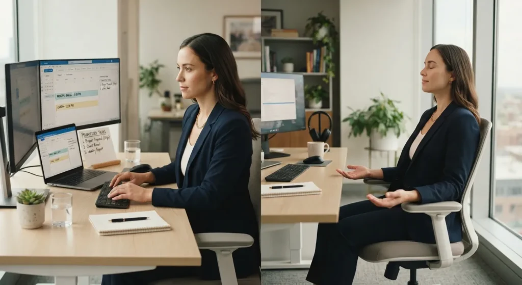 An employee practicing deep breathing and organizing tasks at a clean office desk to manage workplace stress effectively.