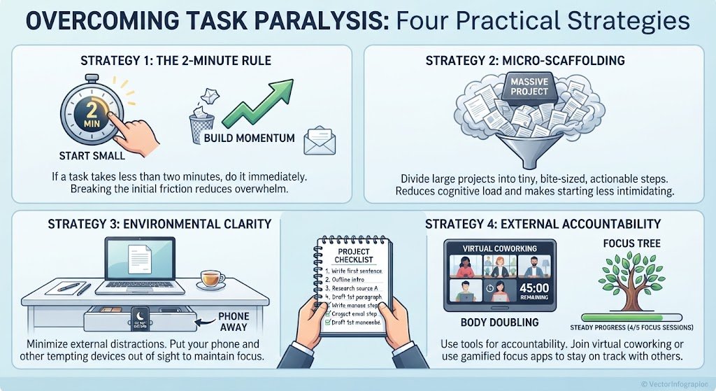 A person guiding a procrastinator through practical action steps like the 2-minute rule and task breakdown.