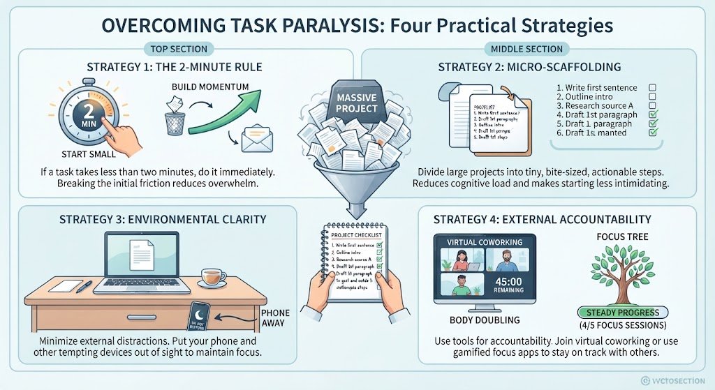A person guiding a procrastinator through practical action steps like the 2-minute rule and task breakdown.