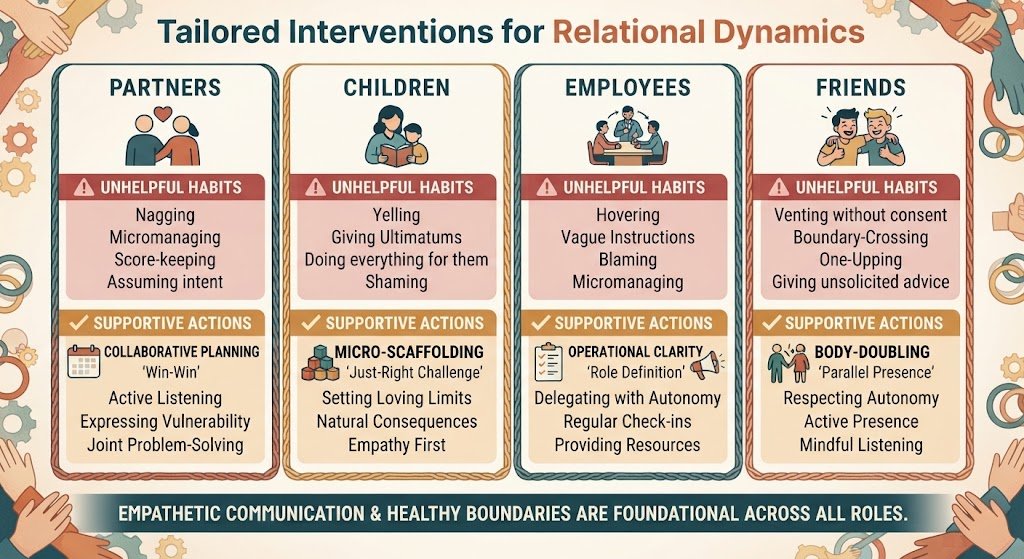 A person calmly talking to a partner and a teenager at a table to illustrate how to help a procrastinator based on the relationship dynamic.