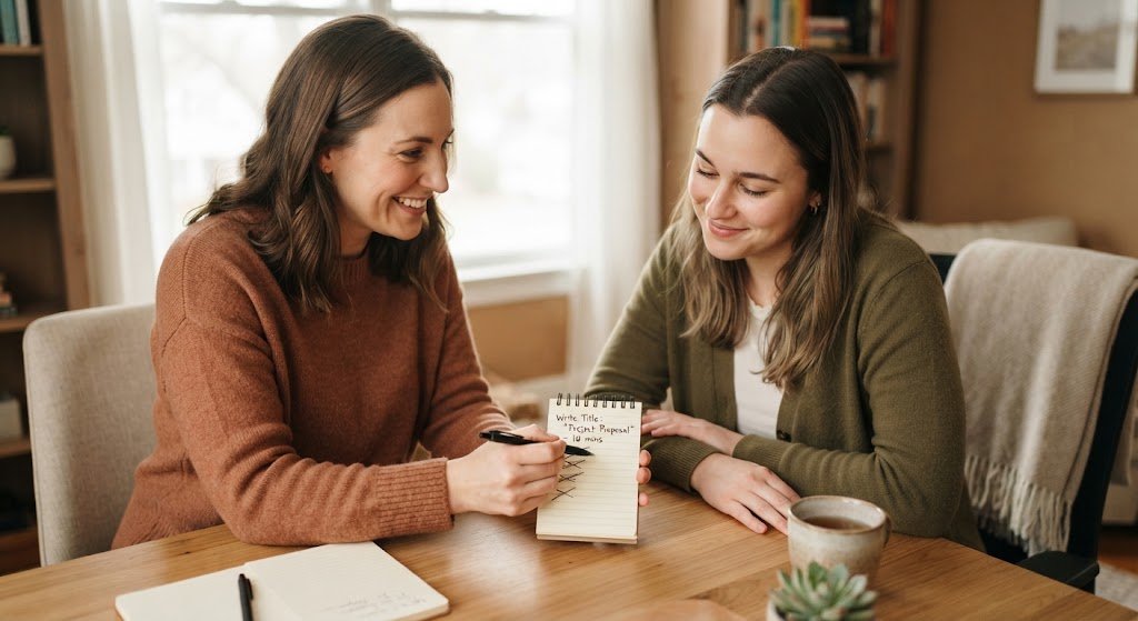 A supportive friend sitting next to a stressed procrastinator at a desk, calmly helping them break down a task to avoid guilt and overwhelm.