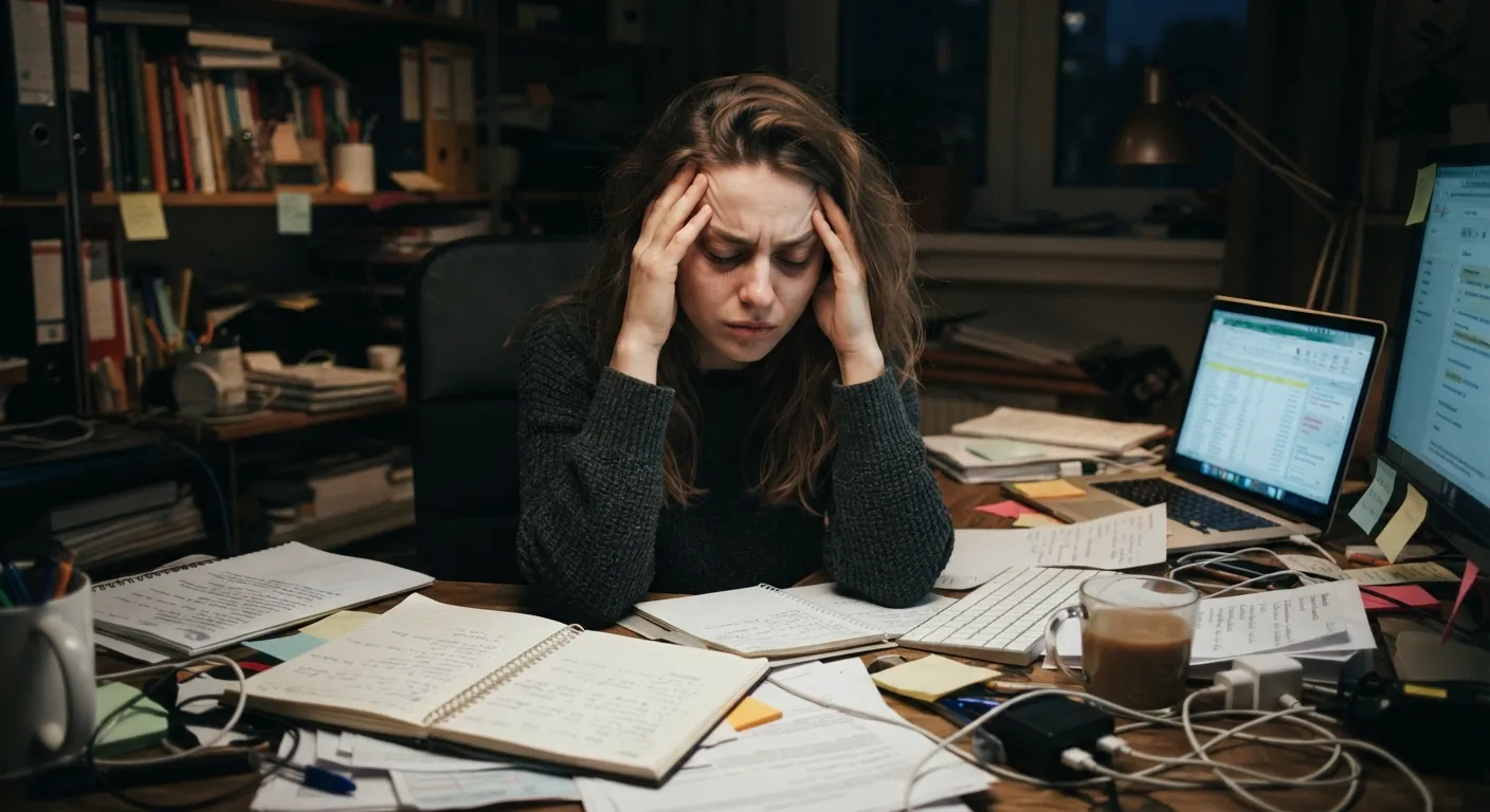 An exhausted person holding their head in their hands at a desk cluttered with work, visually representing the burnout and fatigue that happen when overdoing it.
