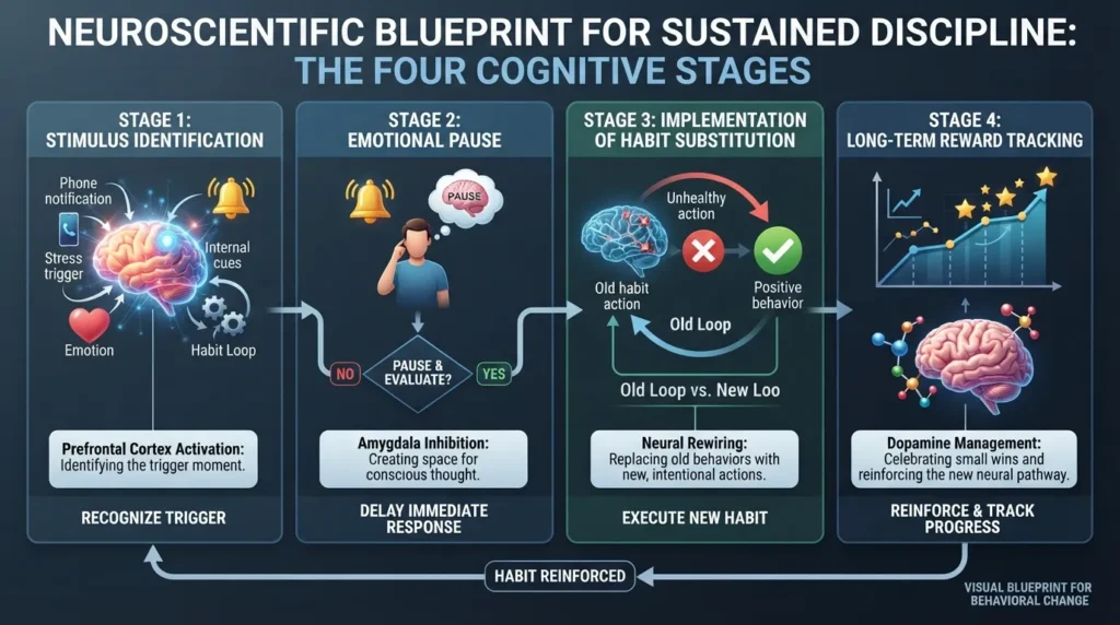 Infographic illustrating science-based strategies to master self-control, willpower, and discipline through habit loops and cognitive focus.