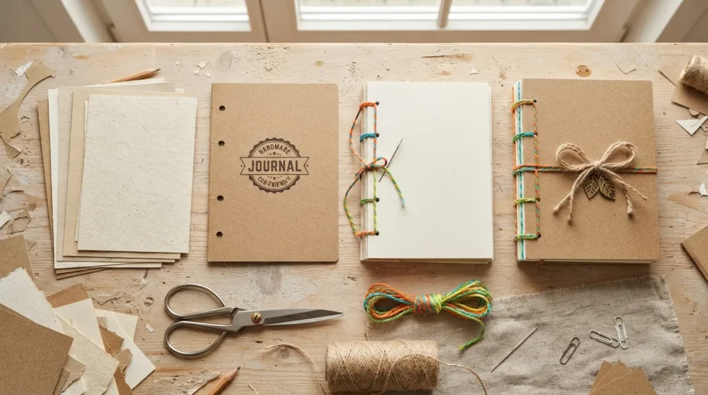 A flat lay showing a homemade journal crafted from recycled cardboard, scrap paper, and colorful twine on a rustic wooden table.
