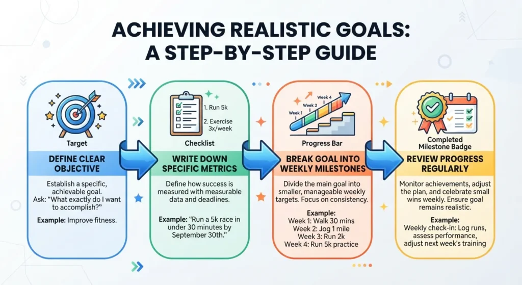 A step-by-step visual framework showing a person planning, tracking milestones, and achieving measurable success.