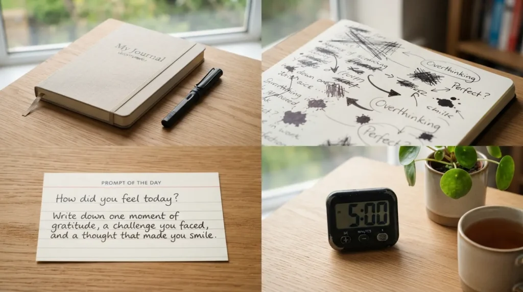 Flat lay photo of a beginner sitting at a wooden desk with a blank notebook, an open pen, a cup of coffee, and a daily prompt card, illustrating how to start journal writing step-by-step.
