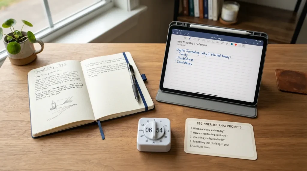 A beginner choosing between a physical notebook and a digital journaling app to start a personal journal.