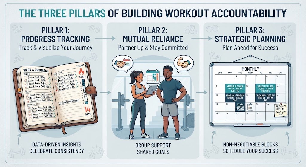 A person writing daily workout progress and consistency checkmarks in a fitness journal to maintain accountability.