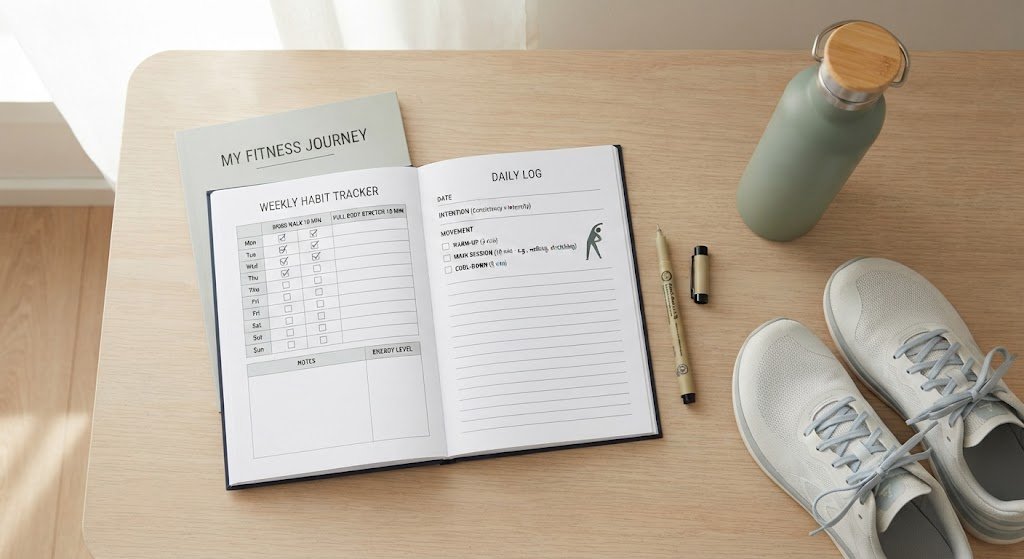 A person writing down a 10 minute mini workout plan in a journal to build a sustainable fitness routine.