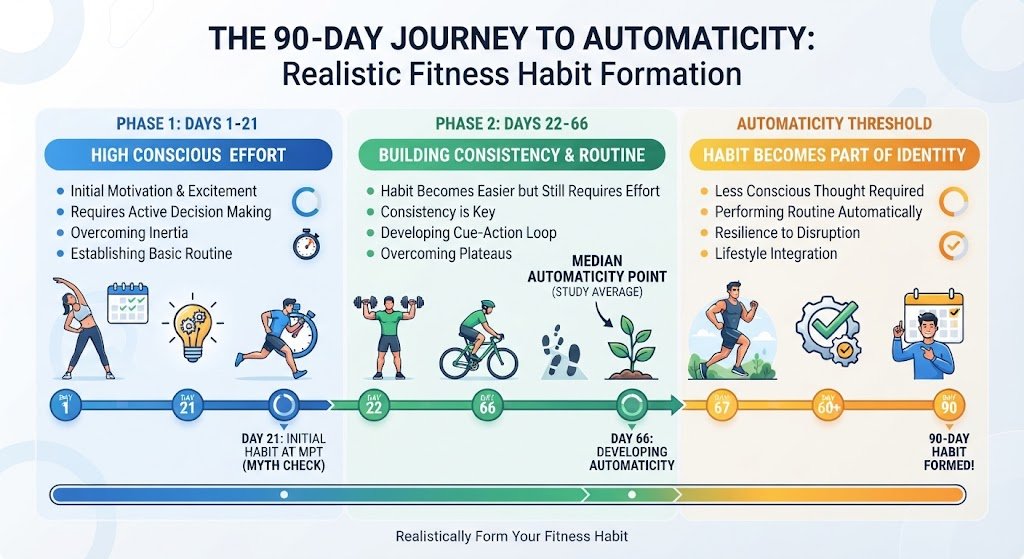 Infographic displaying the 66-day habit formation timeline for sticking to a fitness routine, moving from the initial intentional phase to automaticity.