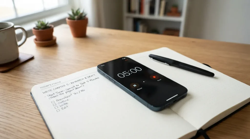Person setting a 5-minute timer on a smartphone next to an open notebook to overcome task delay