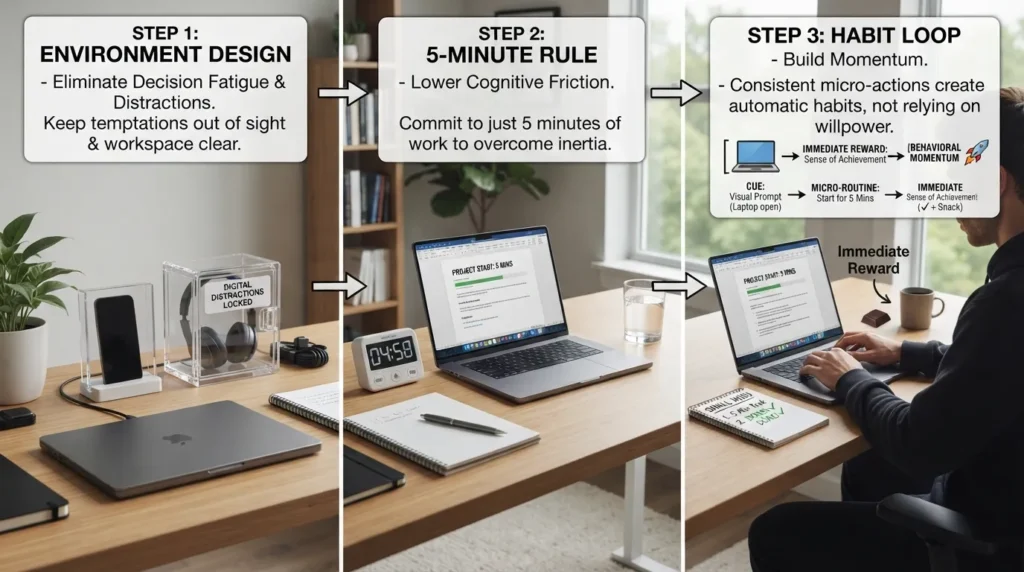 An infographic illustrating a step-by-step framework to stop being lazy and overcome procrastination using micro-steps and habit loops.