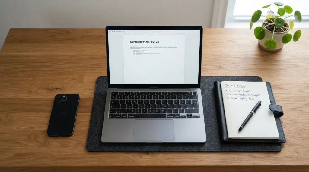 Clean workspace showing a phone turned face down, disabled notifications, and a laptop open to focus work to eliminate distractions and stop being lazy.