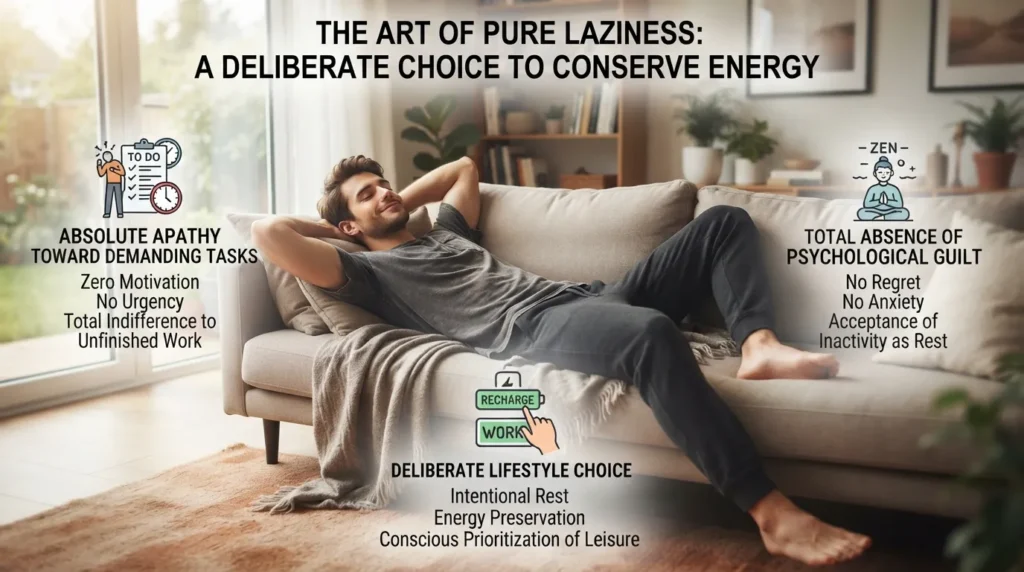 A person resting comfortably on a couch, illustrating true laziness and the conscious choice to conserve energy without guilt or anxiety.