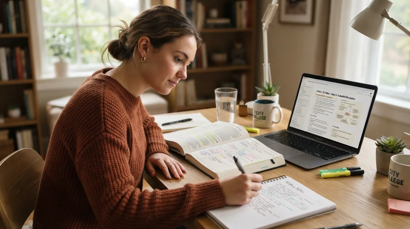 A college student sitting at a clean desk with a planner and textbooks, representing a discipline-first study routine when feeling overwhelmed.