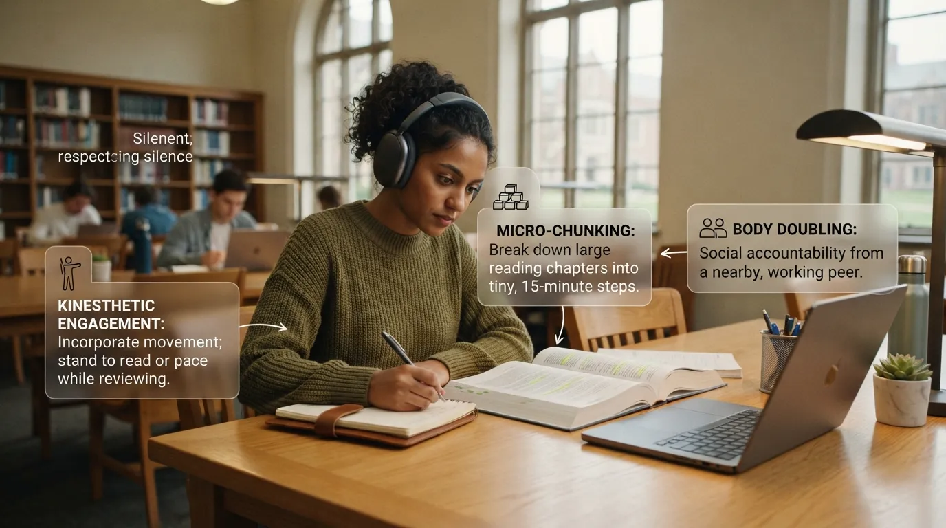 College student struggling to focus while studying at a desk with distractions