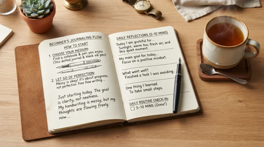 A beginner holding a pen and writing in a blank personal notebook, representing a step-by-step guide on how to start journaling.
