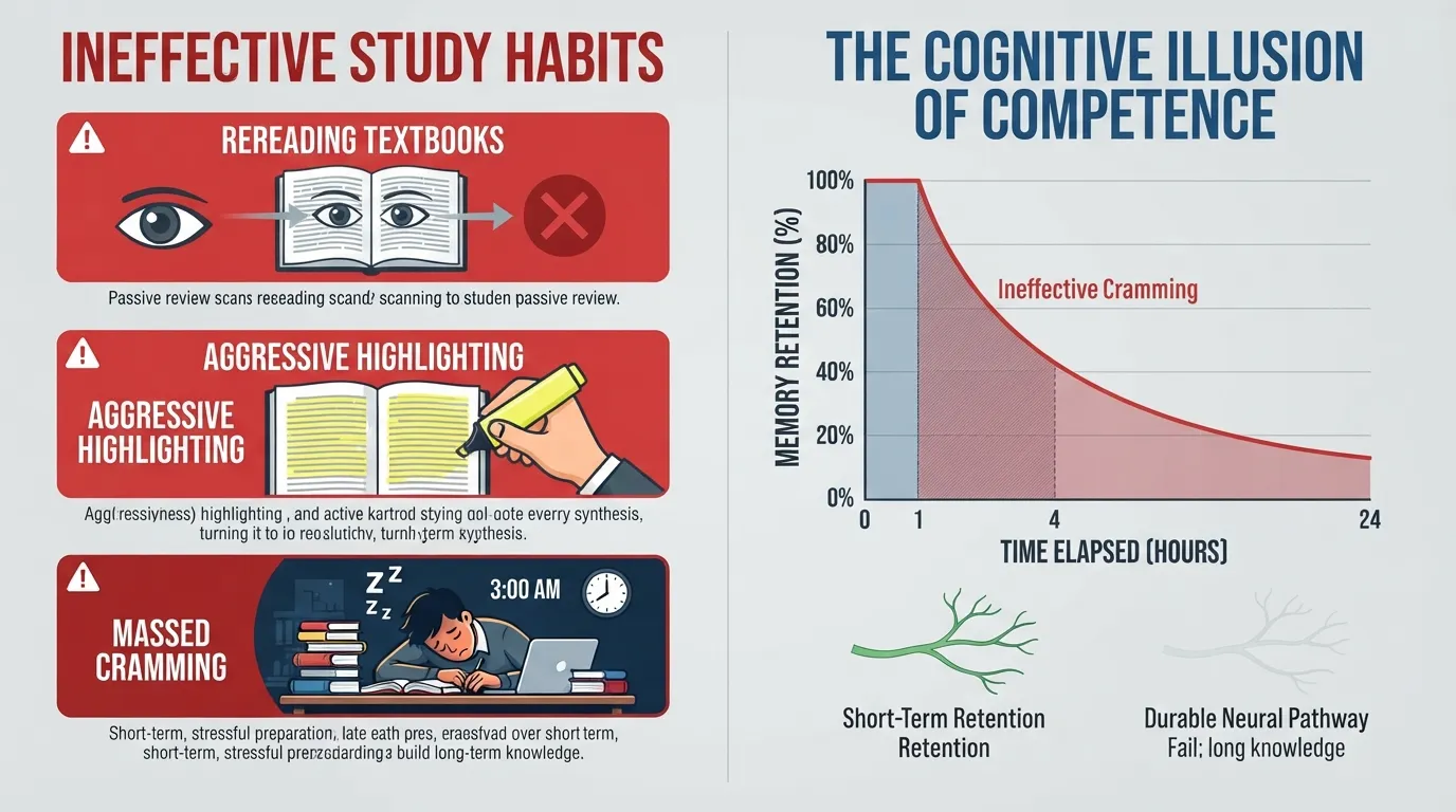 Infographic displaying ineffective study habits to avoid, including rereading textbooks, aggressive highlighting, and cramming for exams.