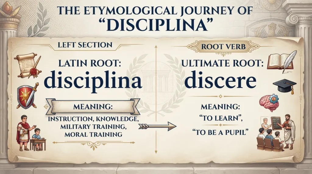 Infographic showing the Latin root of the word discipline, tracing its origin from the Latin noun disciplina meaning instruction, training, and knowledge, linked back to discere meaning to learn.