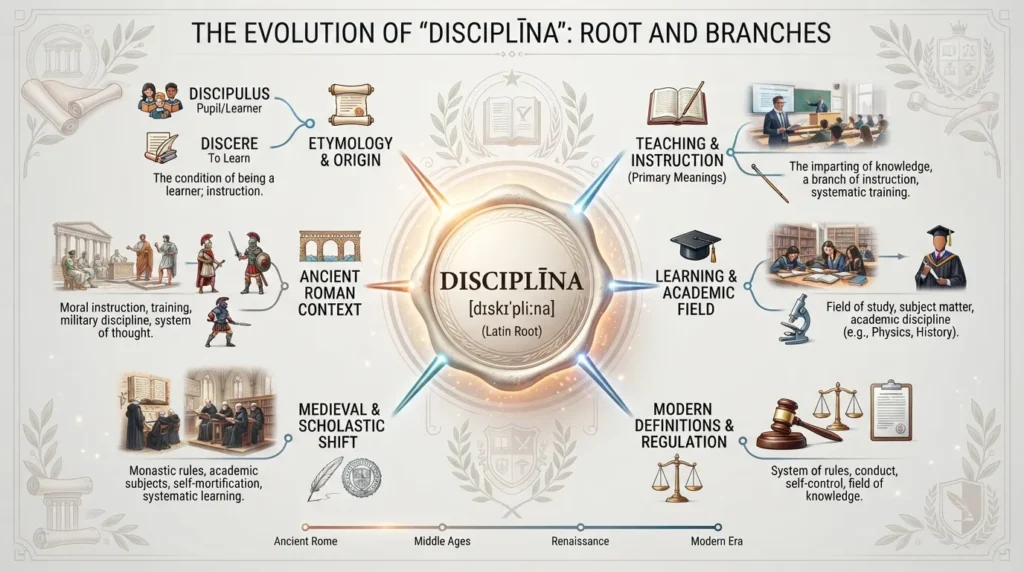 Etymological breakdown and historical roots of the Latin word for discipline, showing its linguistic connection to instruction and learning.