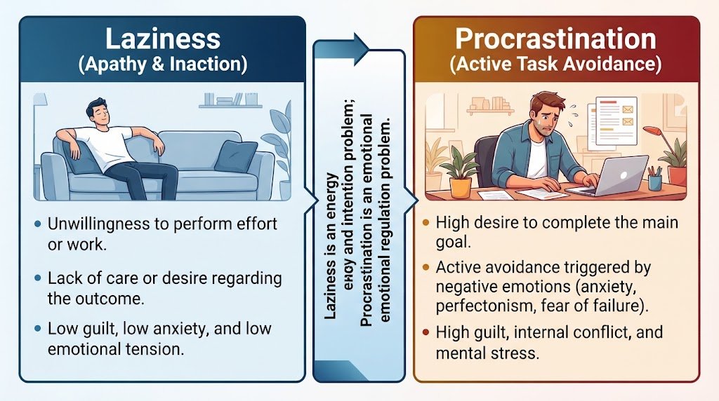 Comparison infographic contrasting laziness and procrastination showing willing unwillingness vs emotional task avoidance in a split screen view.