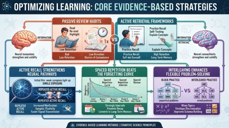 Infographic chart illustrating science-backed learning techniques like active recall and spaced repetition for memory retention.