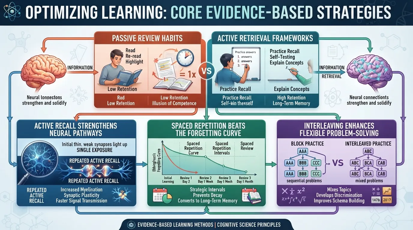 Infographic chart illustrating science-backed learning techniques like active recall and spaced repetition for memory retention.