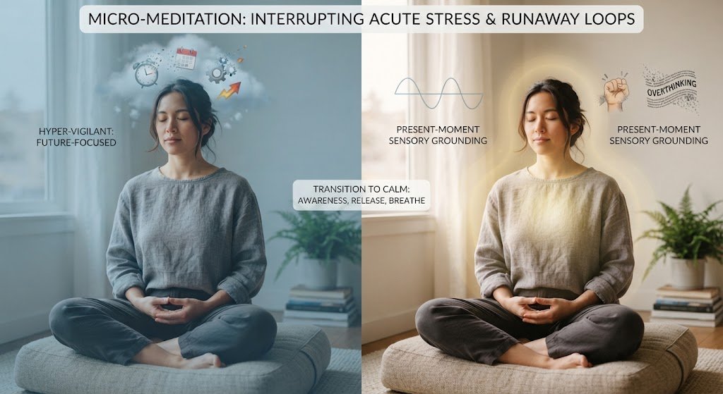 Person sitting in a calm, upright meditation posture practicing breathing exercises for anxiety relief and overthinking control.