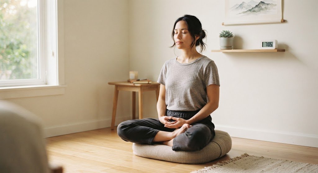 A person practicing daily meditation sitting upright in a quiet room to build emotional discipline and consistency.