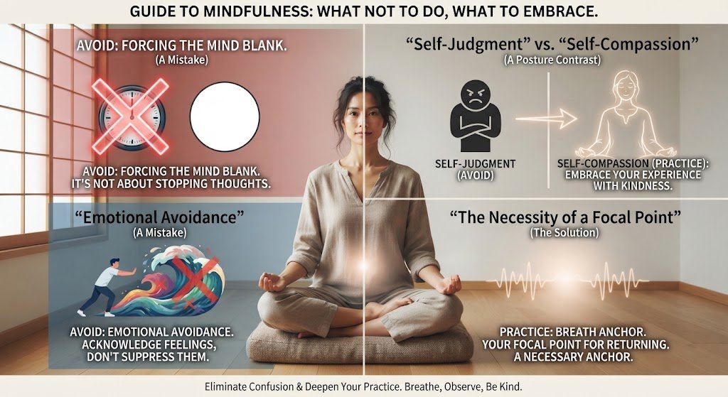 Person sitting in a meditation posture with a calm expression, illustrating common mistakes to avoid during mindfulness practice like forcing a blank mind.