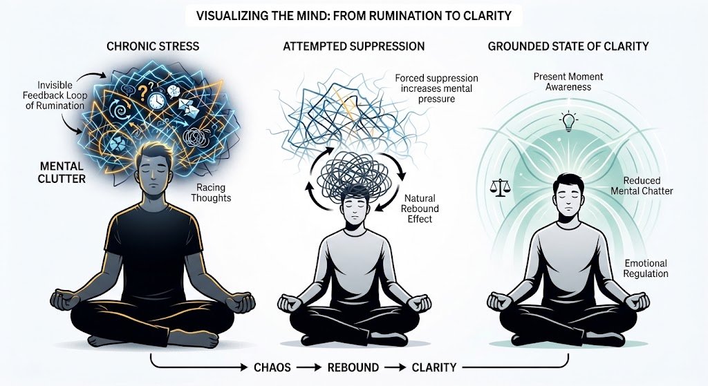 Person sitting quietly with visual representations of swirling thoughts and stress illustrating why thoughts feel out of control