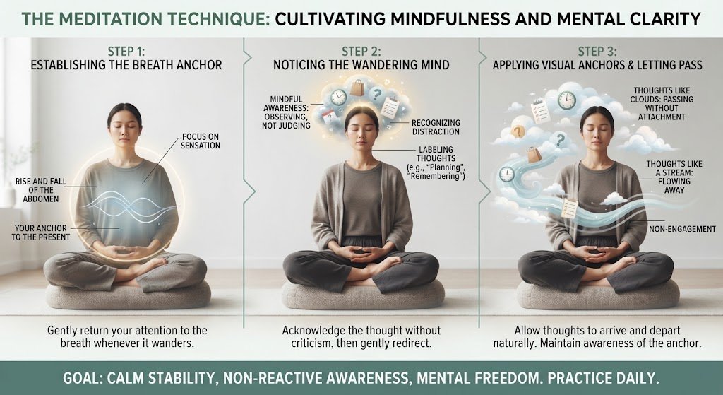 A person sitting in a comfortable upright posture with eyes closed, practicing a breathing anchor meditation technique to manage and observe their thoughts.