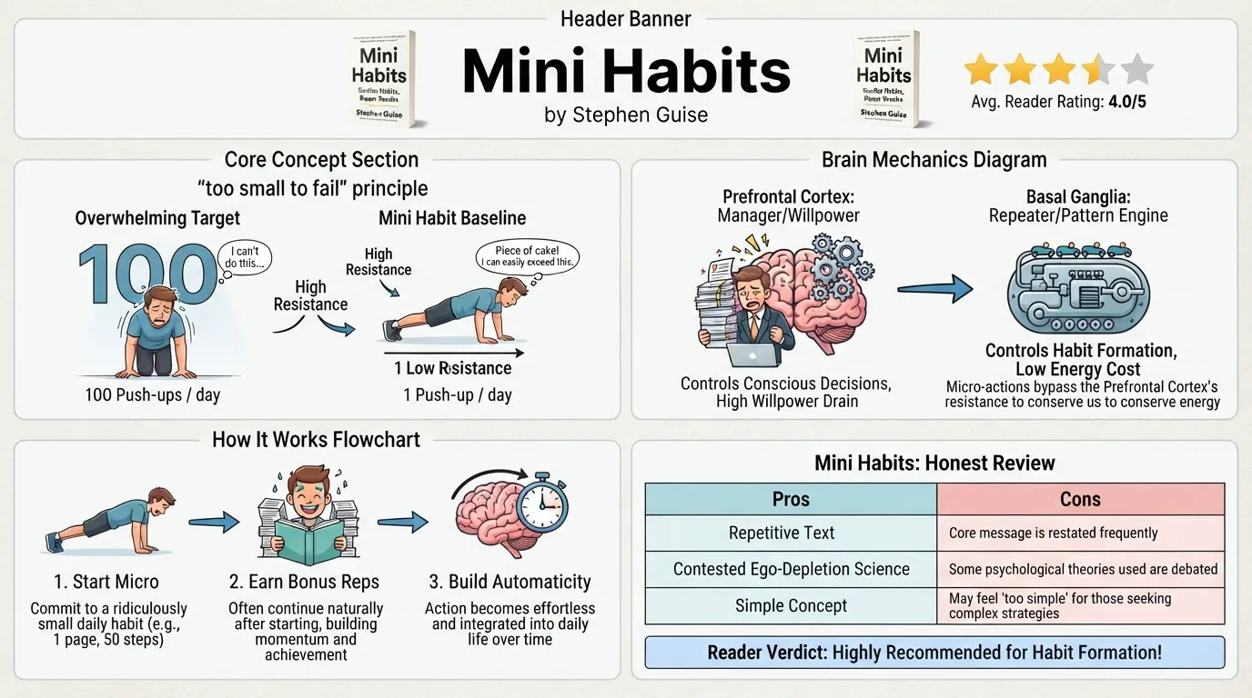 Comprehensive visual summary of Mini Habits by Stephen Guise featuring core principles, habit mechanics, pros and cons, and book rating.