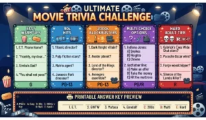Comprehensive collection of movie trivia questions and answers ranging from easy to hard difficulty with an answer key.