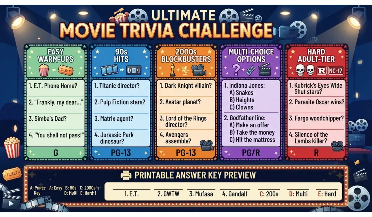 Comprehensive collection of movie trivia questions and answers ranging from easy to hard difficulty with an answer key.