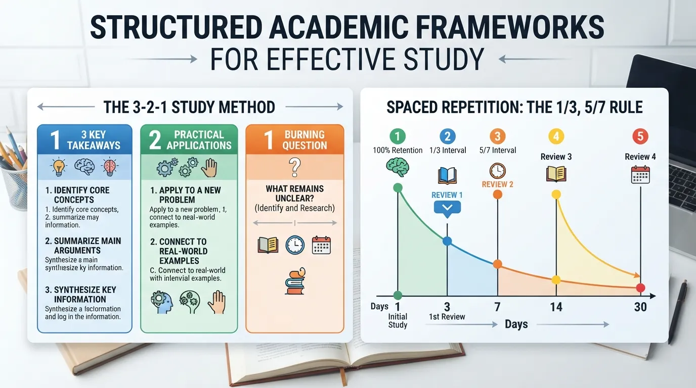 Infographic displaying named study frameworks including the 3-2-1 method and the 1/3, 5/7 rule for effective learning