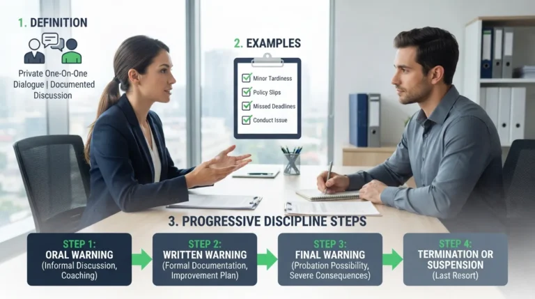 Manager explaining progressive discipline steps during a professional one-on-one meeting in an office.