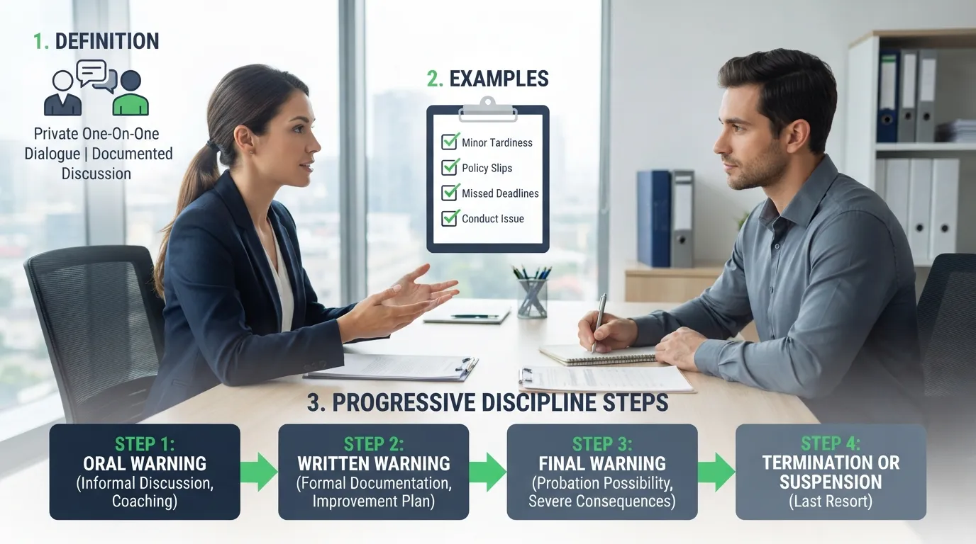 Manager explaining progressive discipline steps during a professional one-on-one meeting in an office.