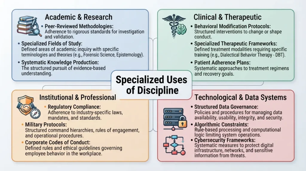 Infographic summarizing alternative and specialized applications of the word discipline across niche academic, clinical, and institutional contexts.