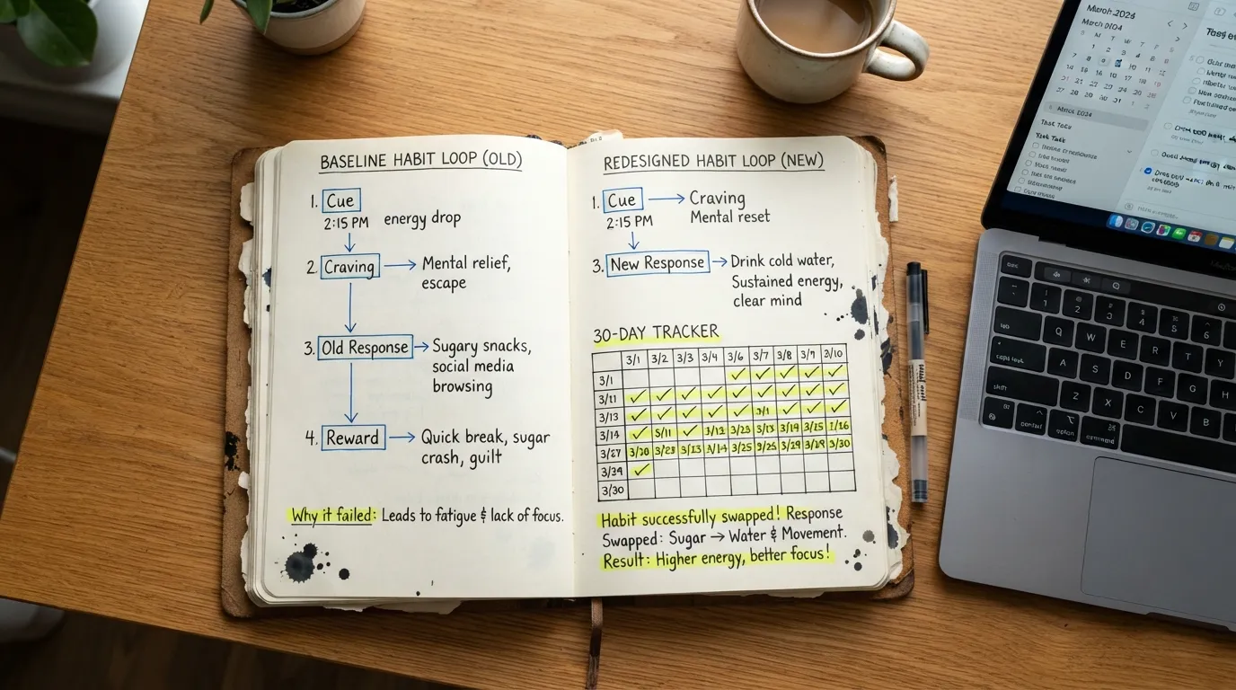 A hand-annotated notebook page and tracking log showing a 30-day personal habit loop experiment isolating the cue, craving, response, and reward to overcome mid-afternoon fatigue.
