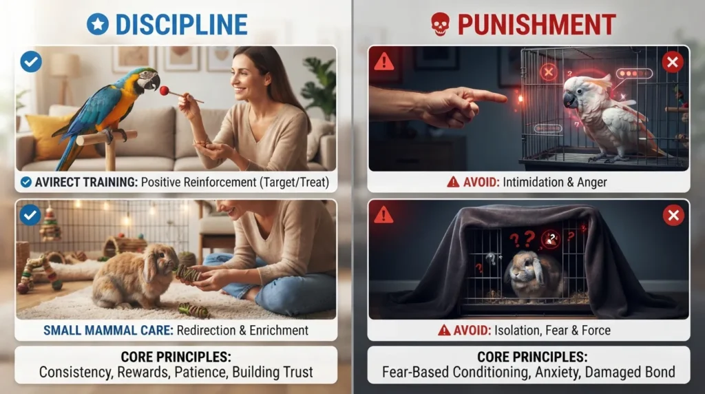 Comparison infographic showing positive reinforcement discipline methods versus punishment for pet birds and rabbits in a clean home setting.