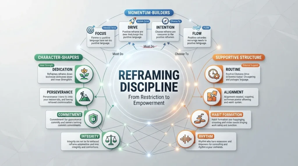 A colorful word cloud displaying positive synonyms for the word discipline, such as focus, dedication, structure, and commitment.