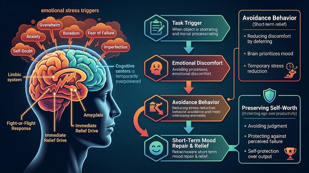 A visual diagram breaking down how the human brain uses procrastination as an emotional coping mechanism to avoid negative stress and seek immediate mood repair.