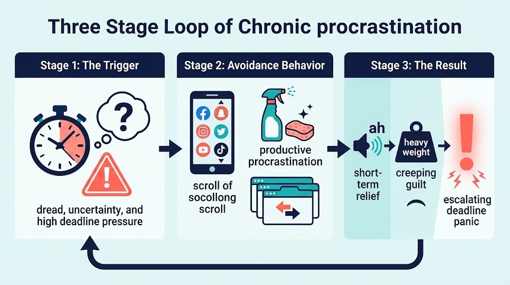 An informational diagram detailing the three stages of the procrastination cycle, from the initial psychological trigger to avoidance behaviors and the resulting emotional fallout.