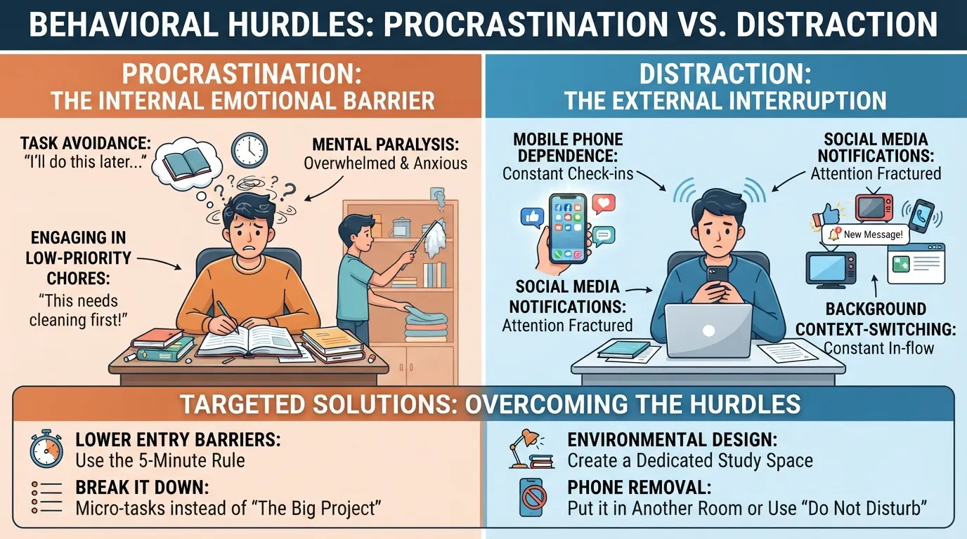 Comparison infographic illustrating the core differences between academic procrastination and external distraction while studying.