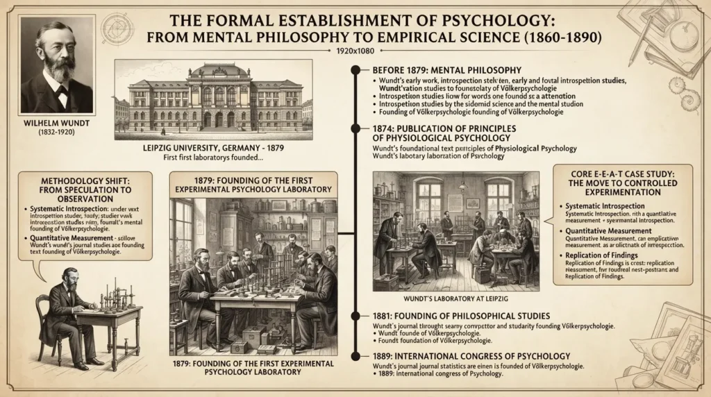 Historical infographic and timeline showing Wilhelm Wundt establishing the first experimental psychology laboratory in Leipzig in 1879, marking psychology's shift to an academic discipline.