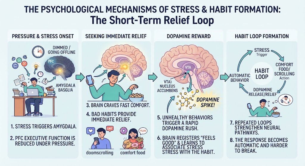 Diagram and visual breakdown of the dopamine loop and brain survival instincts explaining why people choose unhealthy stress coping habits.